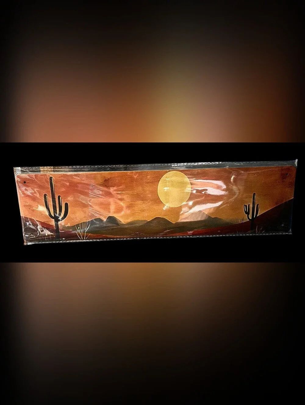 "5/$40" Long Narrow Tin Wall Hanging Sign, Arizona Desert Cactus Sunset Scene